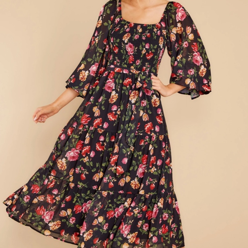 Black Floral Print MIDI Dress